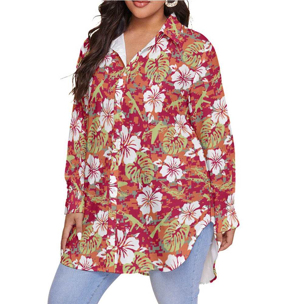 Camouflage Hibiscus Tactical Gun Hawaiian Plus Size Long Sleeve Shirt