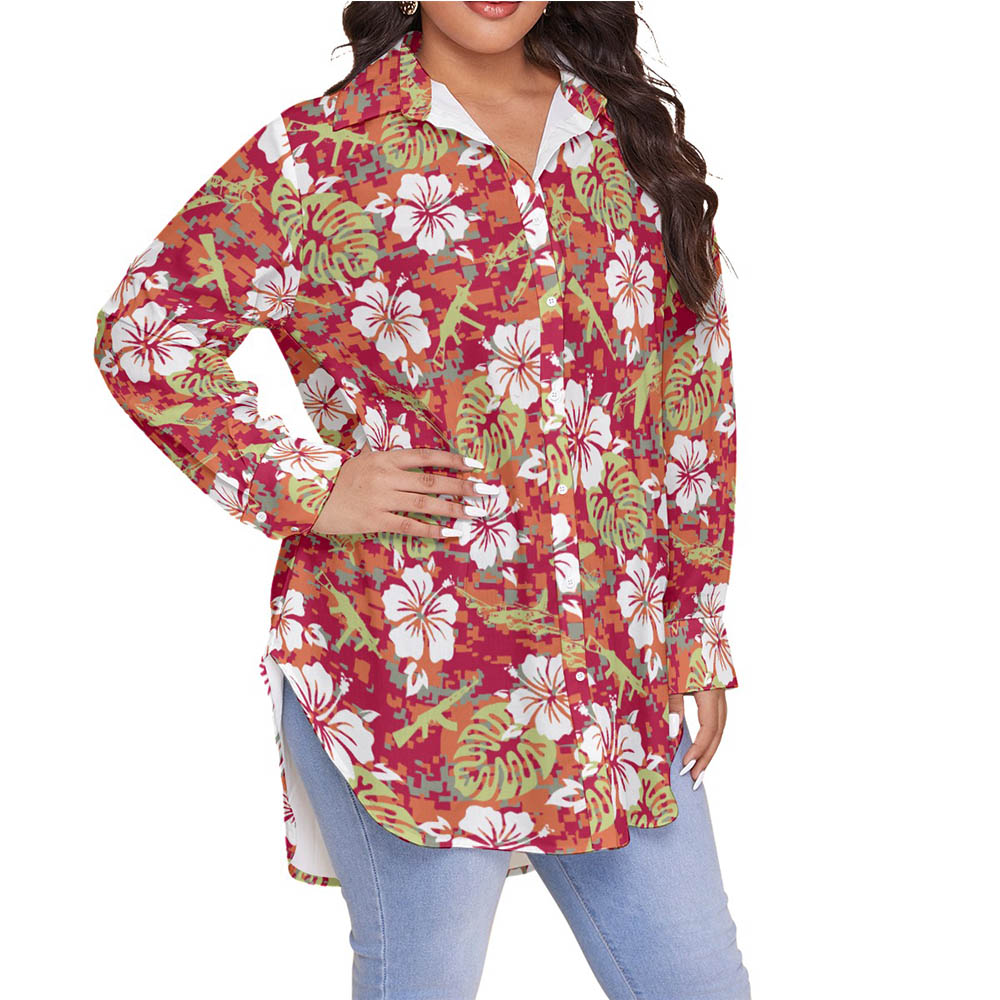 Camouflage Hibiscus Tactical Gun Hawaiian Plus Size Long Sleeve Shirt