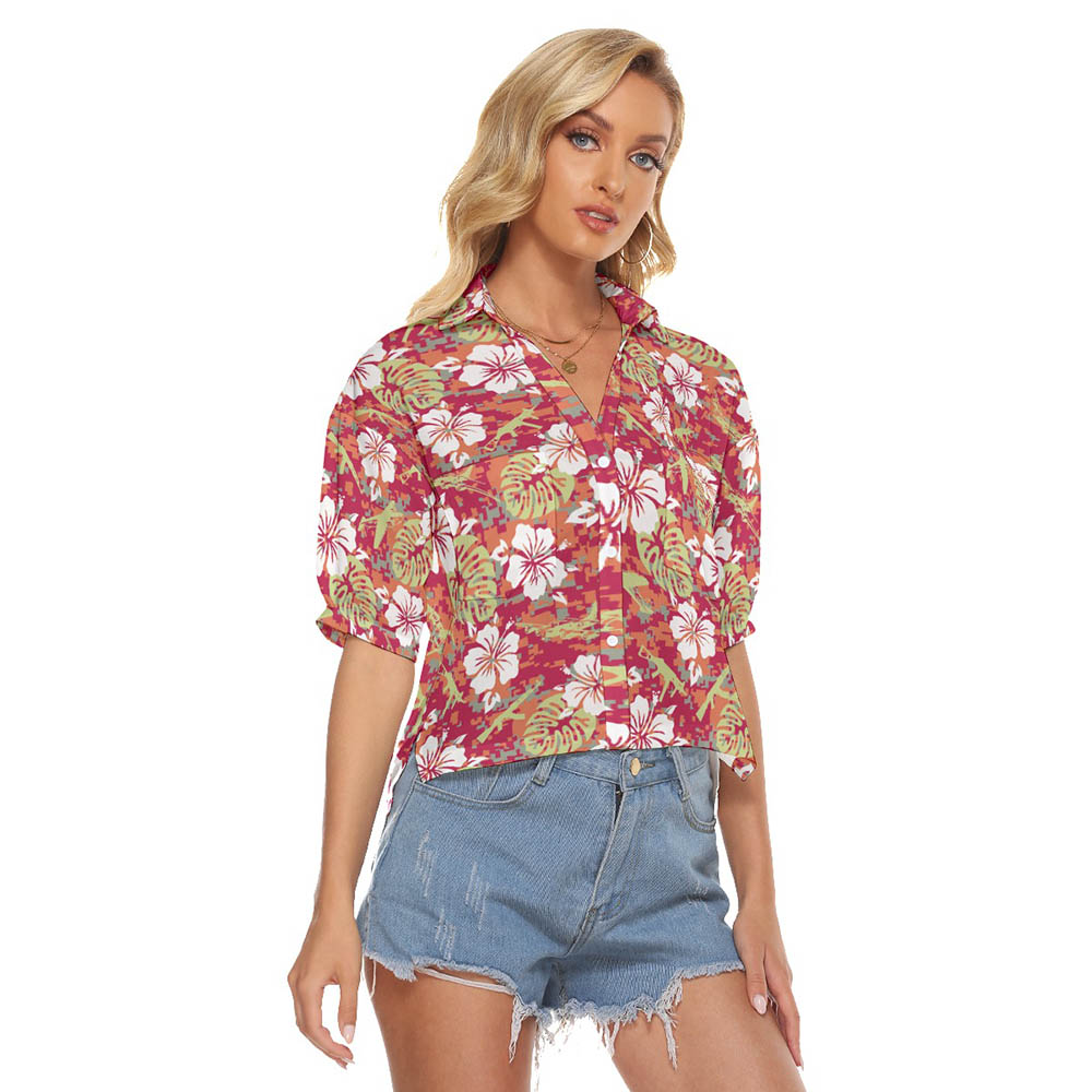 Cool Tactical Gun Camo Hibiscus Red Hawaiian Cropped Shirt