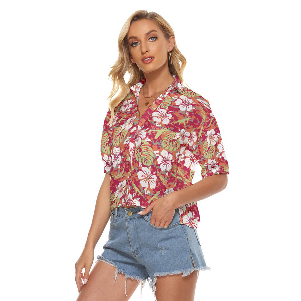 Cool Tactical Gun Camo Hibiscus Red Hawaiian Cropped Shirt