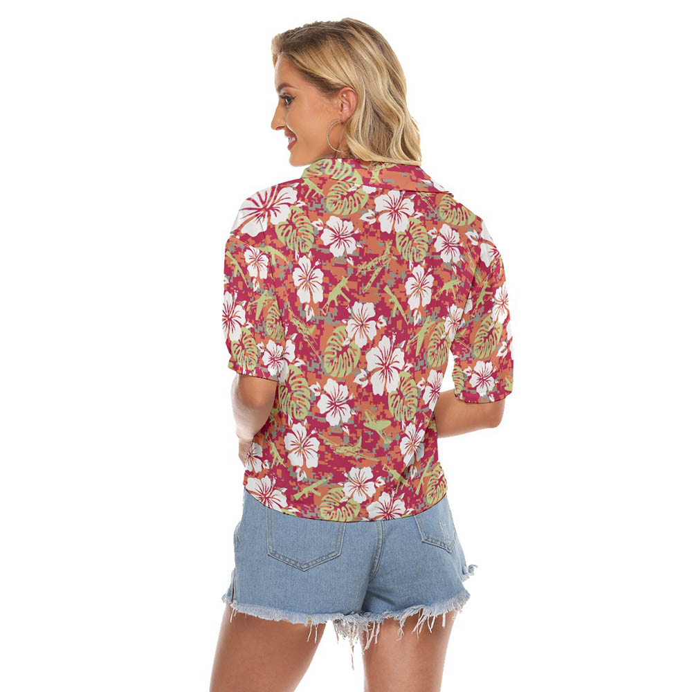 Cool Tactical Gun Camo Hibiscus Red Hawaiian Cropped Shirt