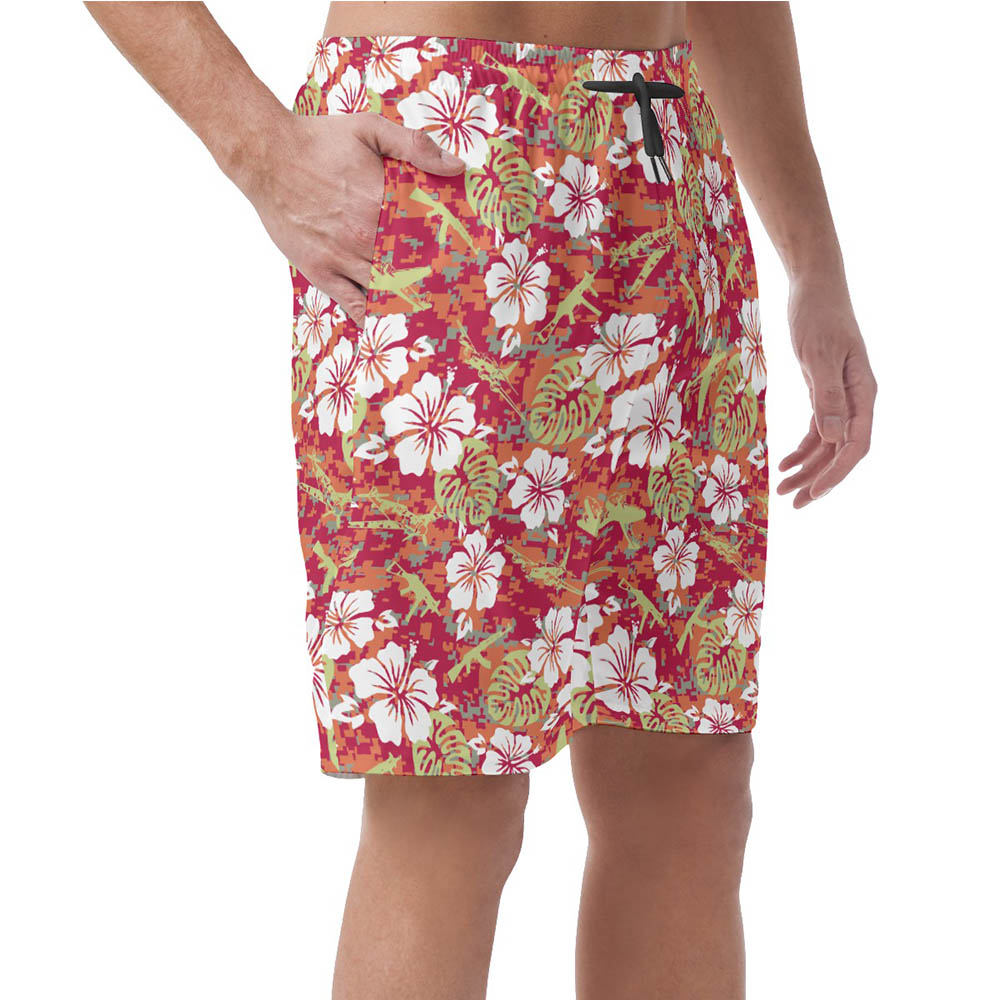 Vintage Camo Hibiscus Tactical Gun Hawaiian Beach Shorts