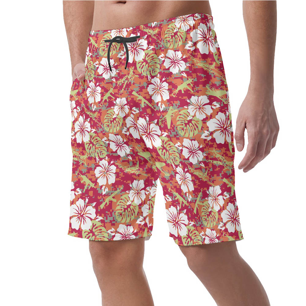 Vintage Camo Hibiscus Tactical Gun Hawaiian Beach Shorts