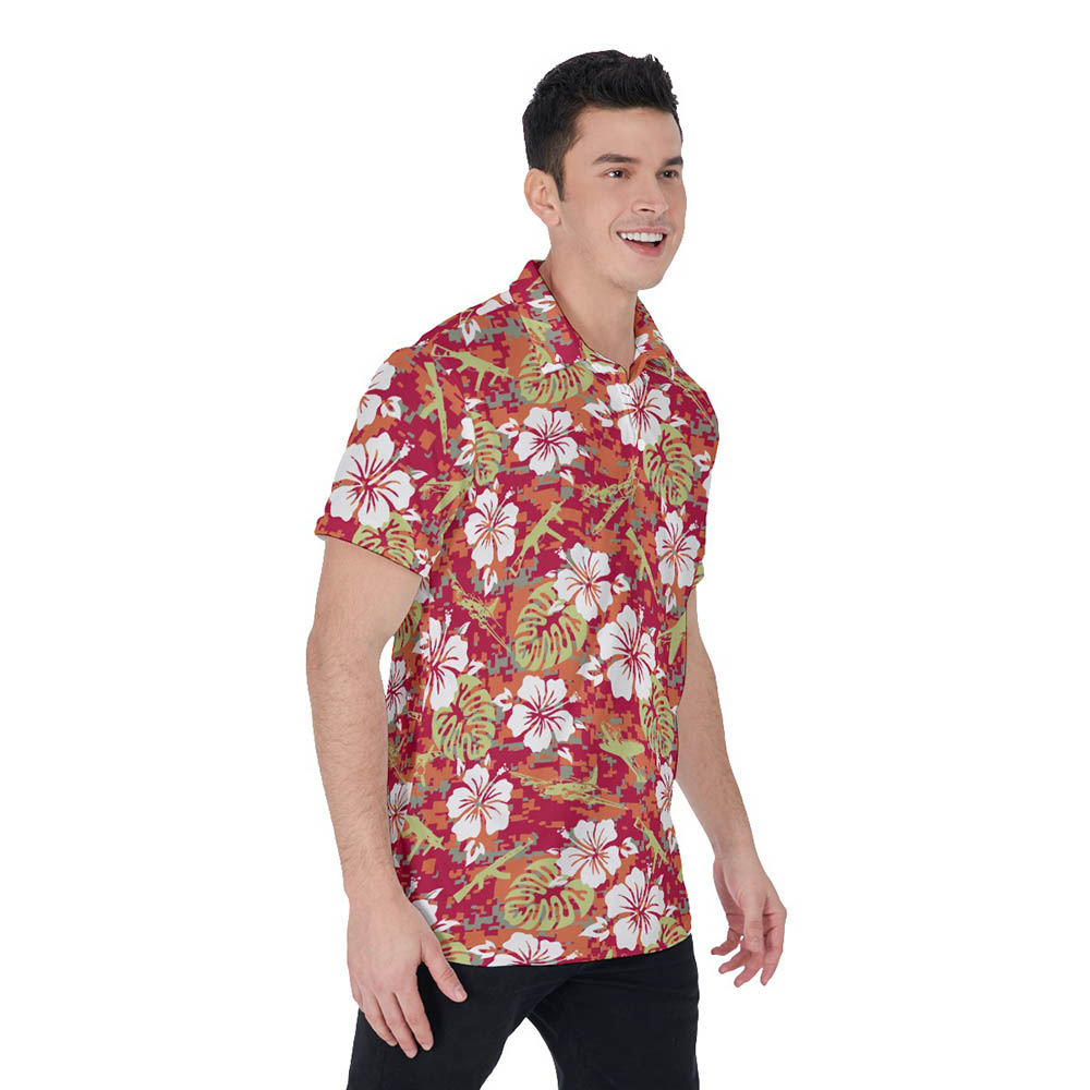 Red Hibiscus Camo Tactical Gun Hawaiian Polo Shirt