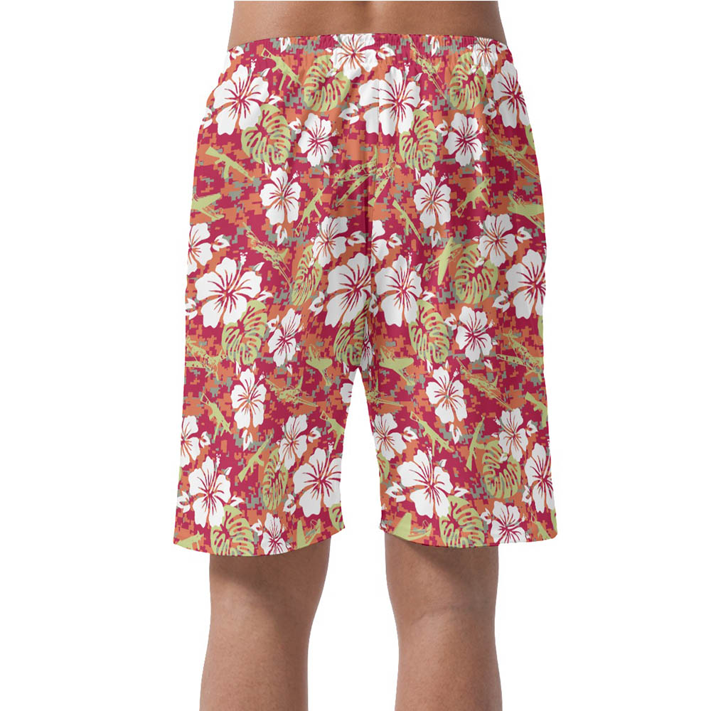Vintage Camo Hibiscus Tactical Gun Hawaiian Beach Shorts