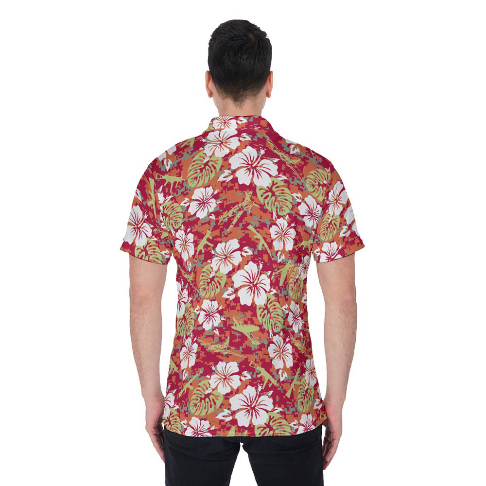 Red Hibiscus Camo Tactical Gun Hawaiian Polo Shirt