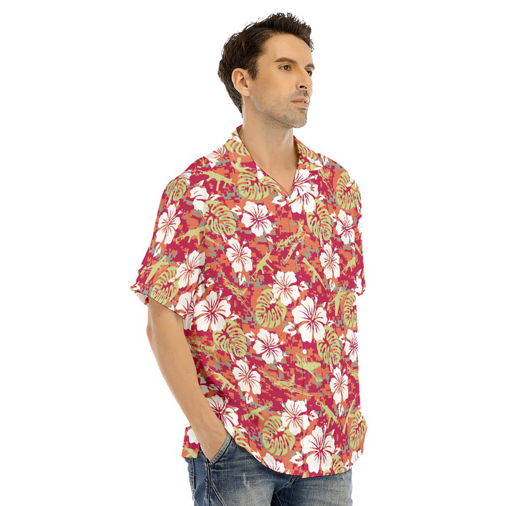 Camouflage Hibiscus Tactical Gun Red Hawaiian Shirt