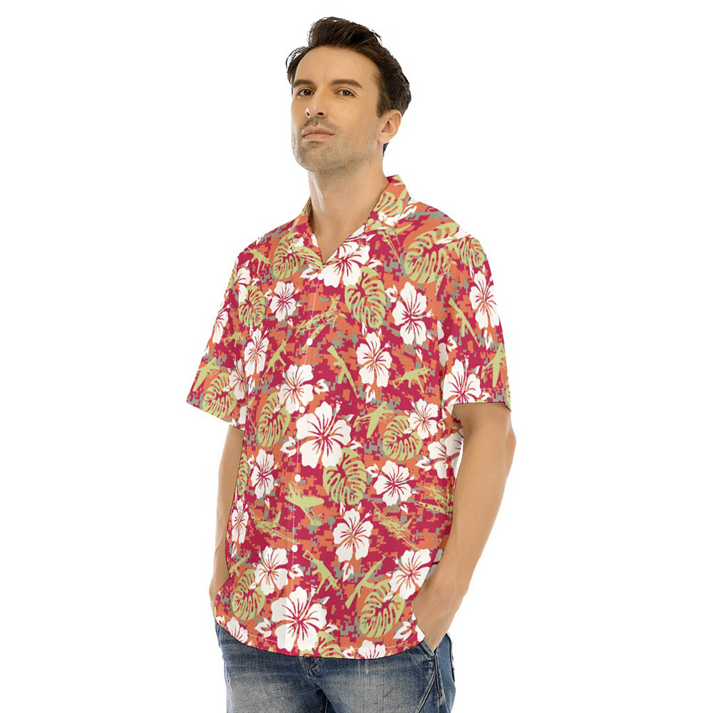 Camouflage Hibiscus Tactical Gun Red Hawaiian Shirt