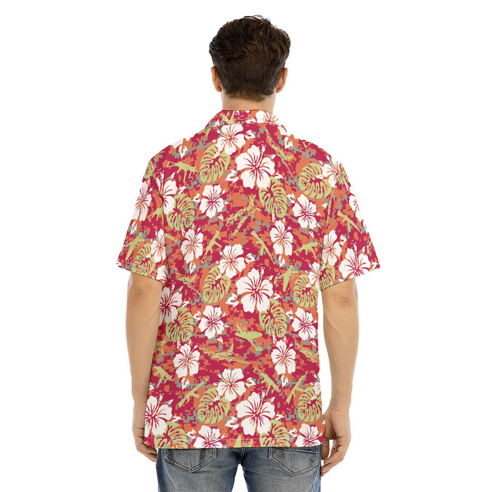 Camouflage Hibiscus Tactical Gun Red Hawaiian Shirt
