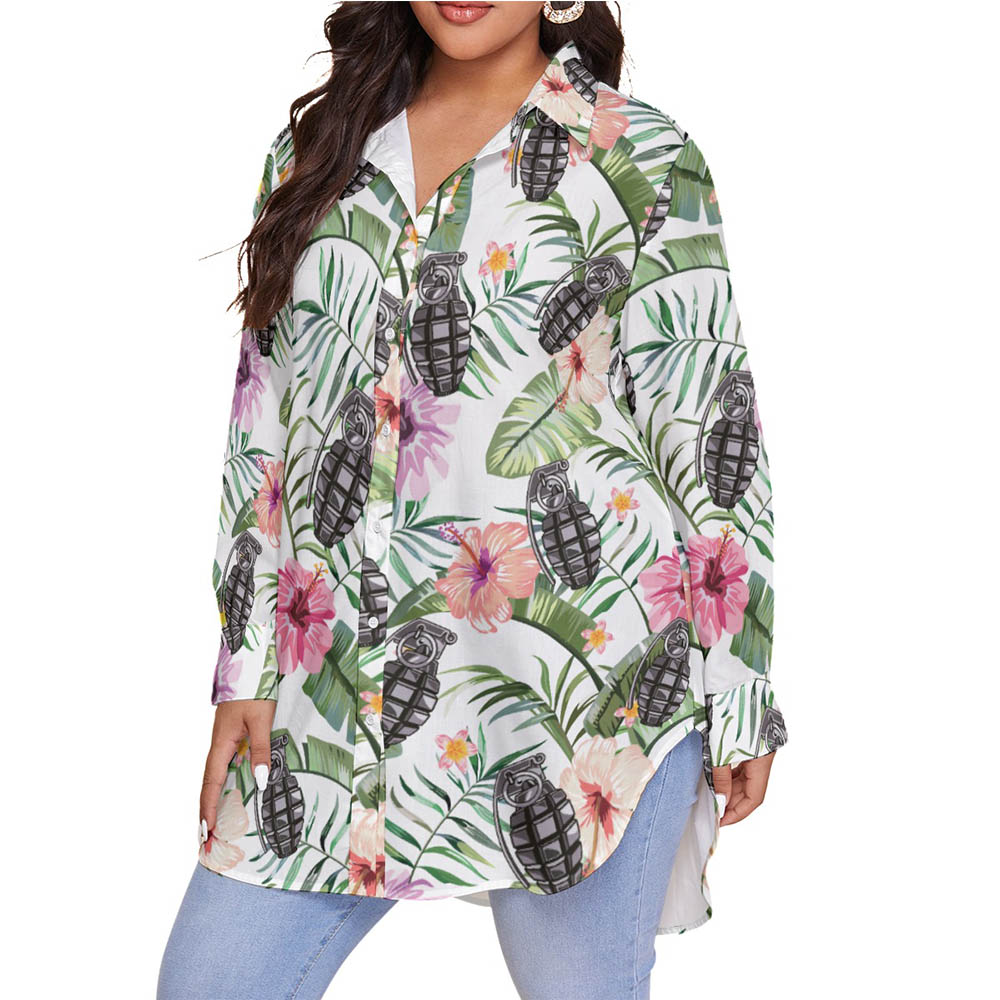 Floral Hibiscus Tactical Grenade Hawaiian Plus Size Shirt For Women
