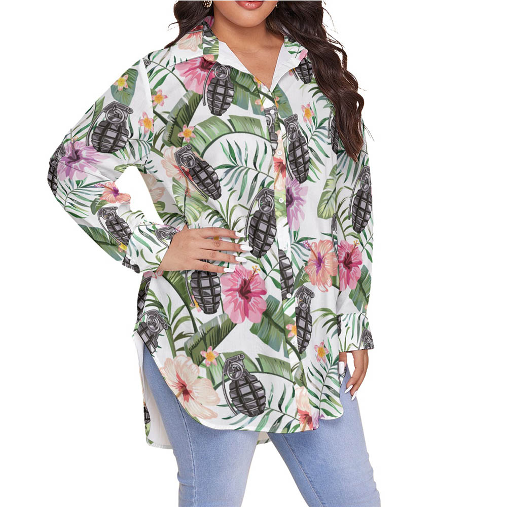 Floral Hibiscus Tactical Grenade Hawaiian Plus Size Shirt For Women