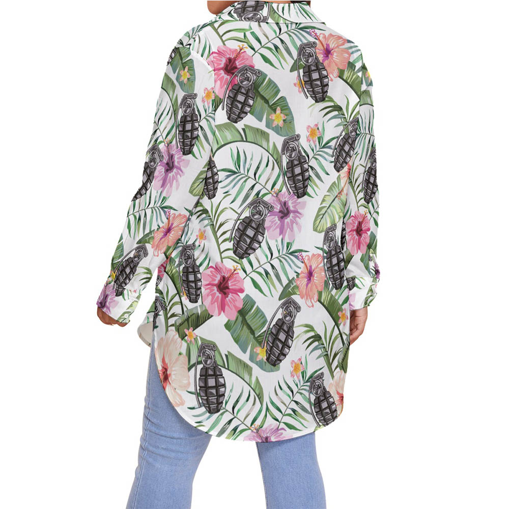 Floral Hibiscus Tactical Grenade Hawaiian Plus Size Shirt For Women