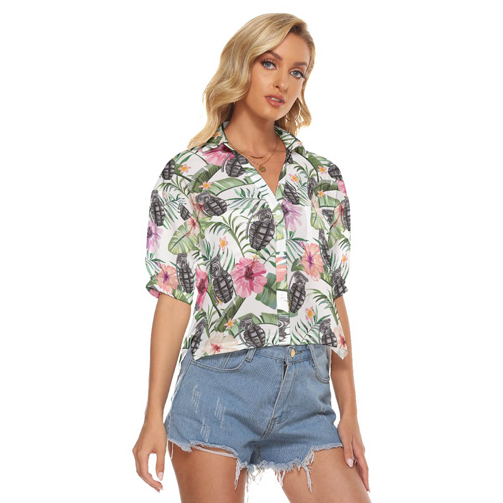 Hibiscus Tactical Grenade Hawaiian Cropped Shirt For Women