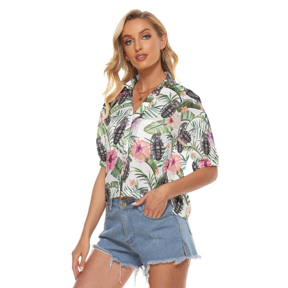 Hibiscus Tactical Grenade Hawaiian Cropped Shirt For Women
