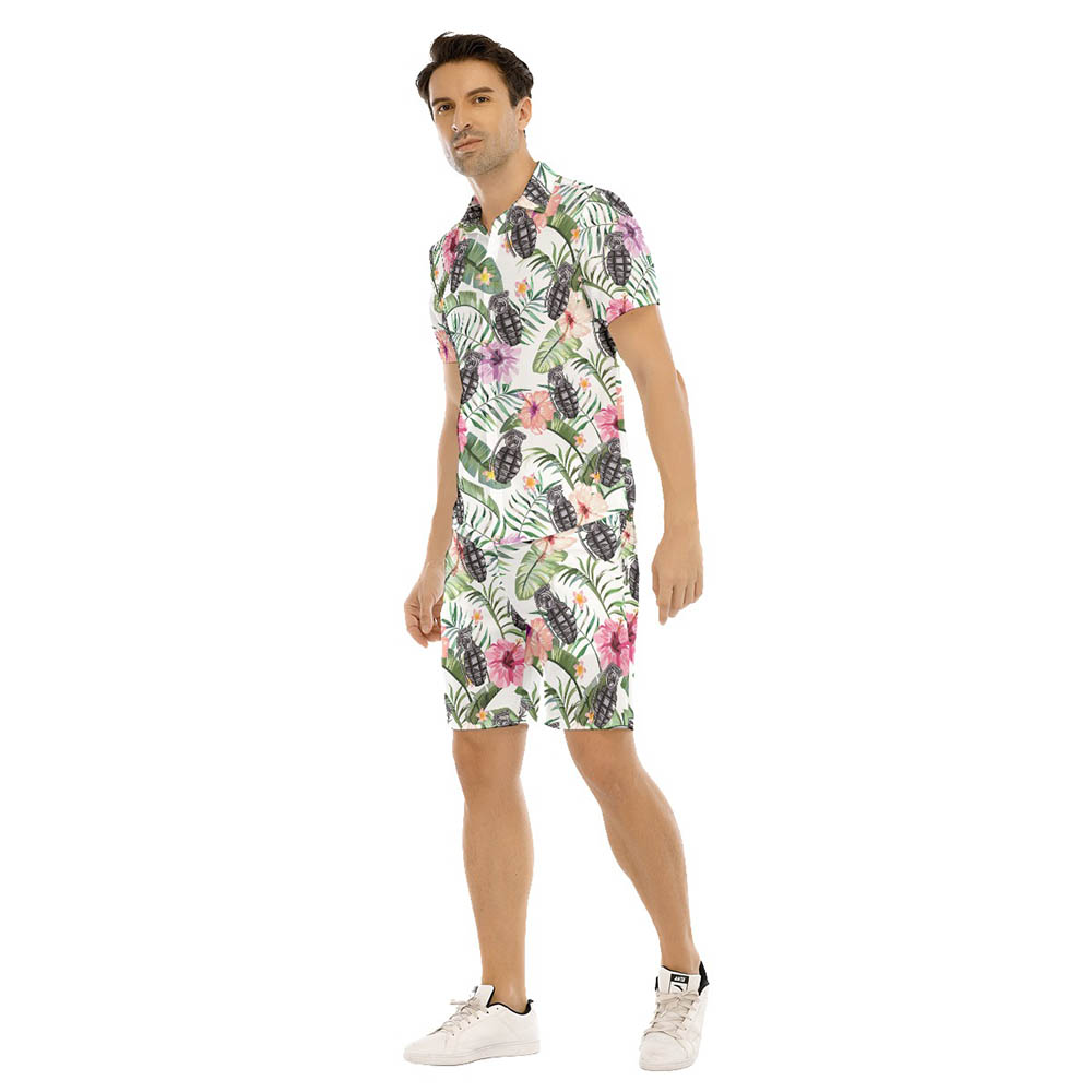 Set Tropical Hibiscus Tactical Grenade Hawaiian Shirt And Shorts For Men