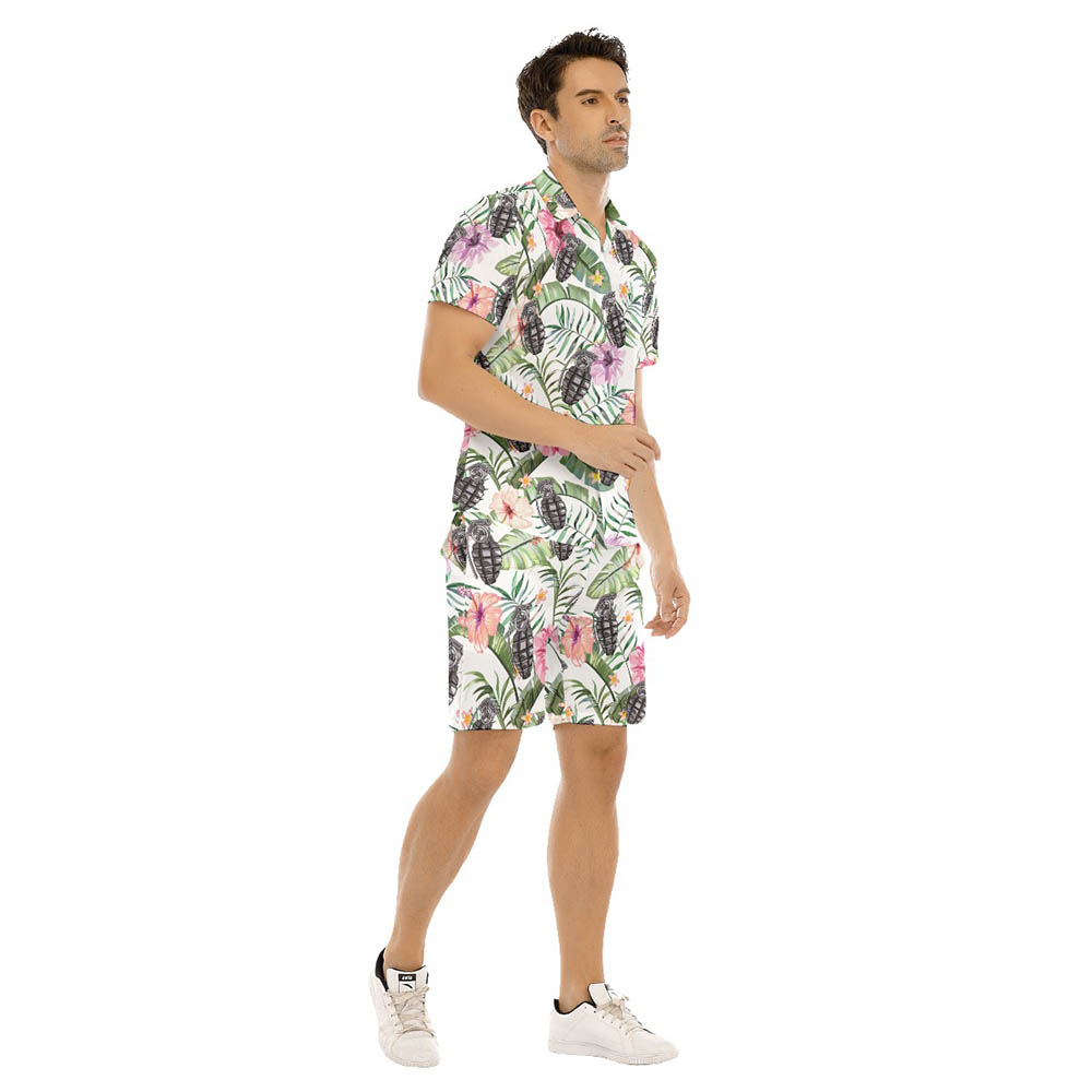 Set Tropical Hibiscus Tactical Grenade Hawaiian Shirt And Shorts For Men