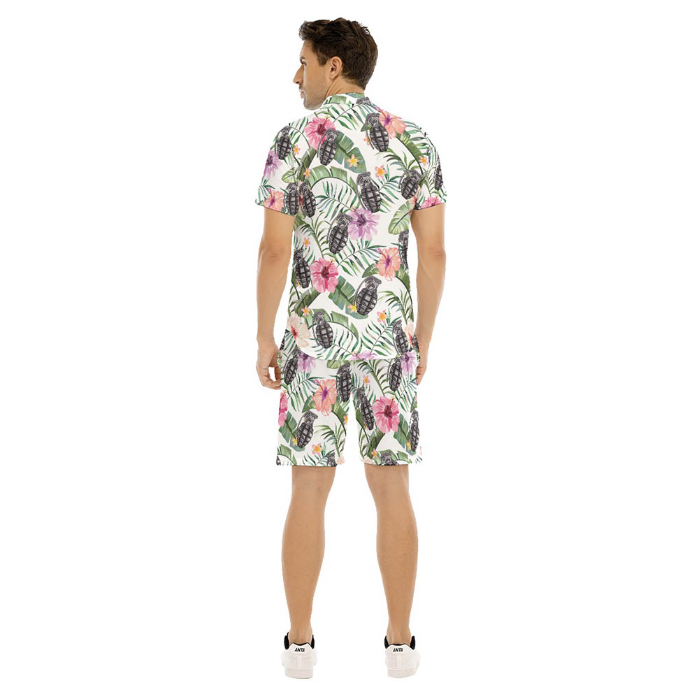 Set Tropical Hibiscus Tactical Grenade Hawaiian Shirt And Shorts For Men