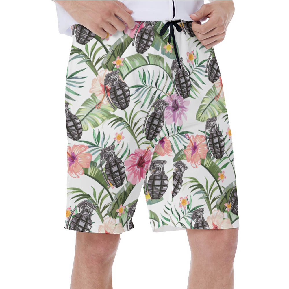 Funny Tactical Grenade Floral White Hawaiian Swim Trunks For Men