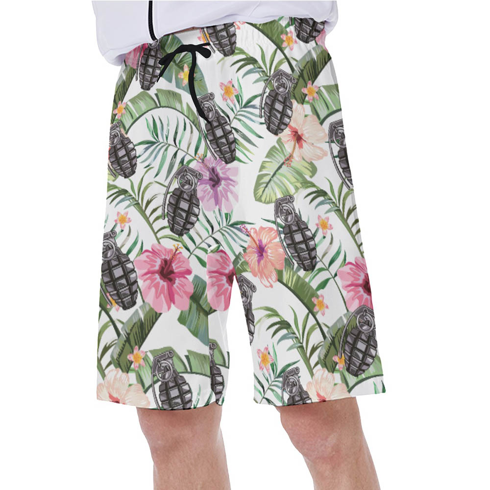 Funny Tactical Grenade Floral White Hawaiian Swim Trunks For Men