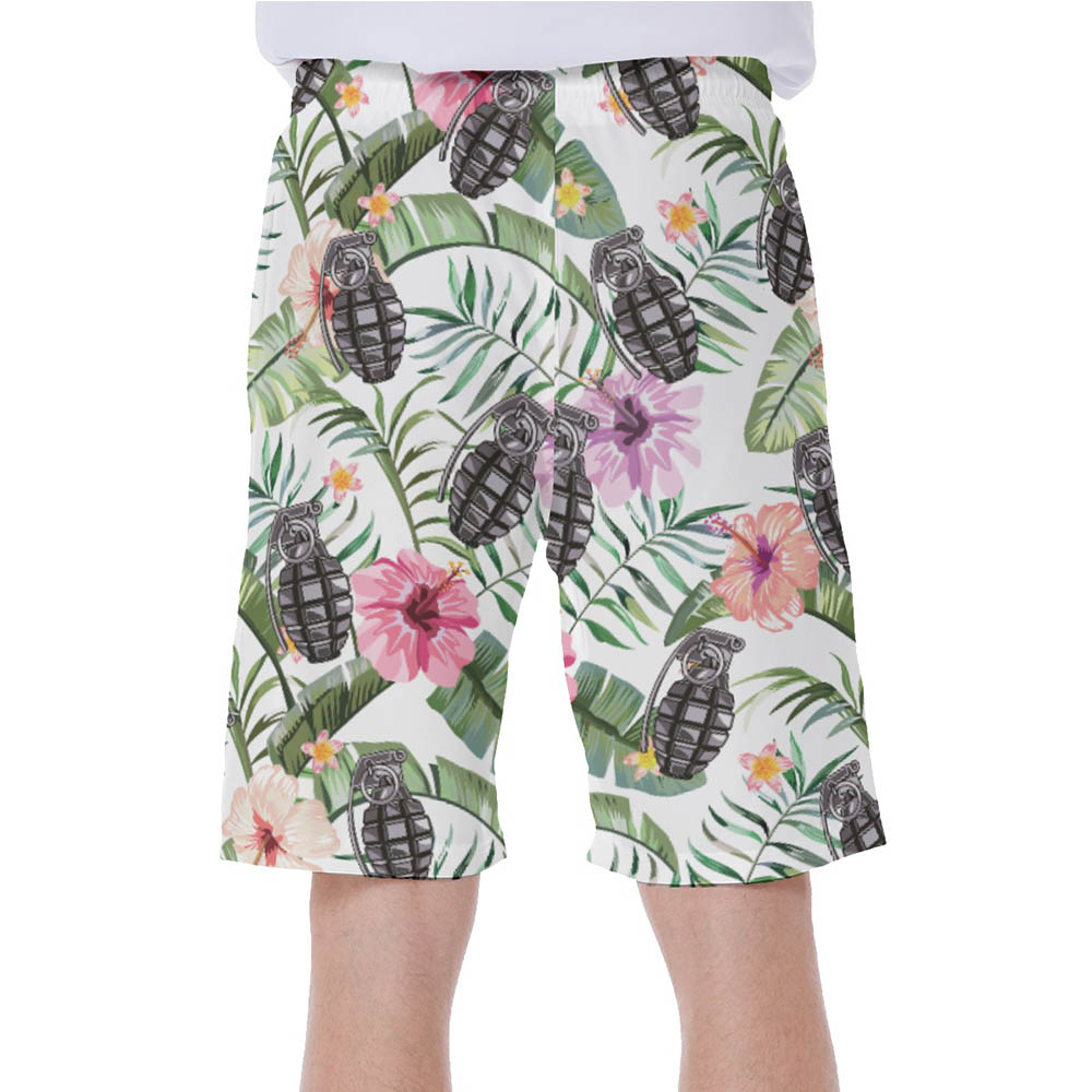 Funny Tactical Grenade Floral White Hawaiian Swim Trunks For Men
