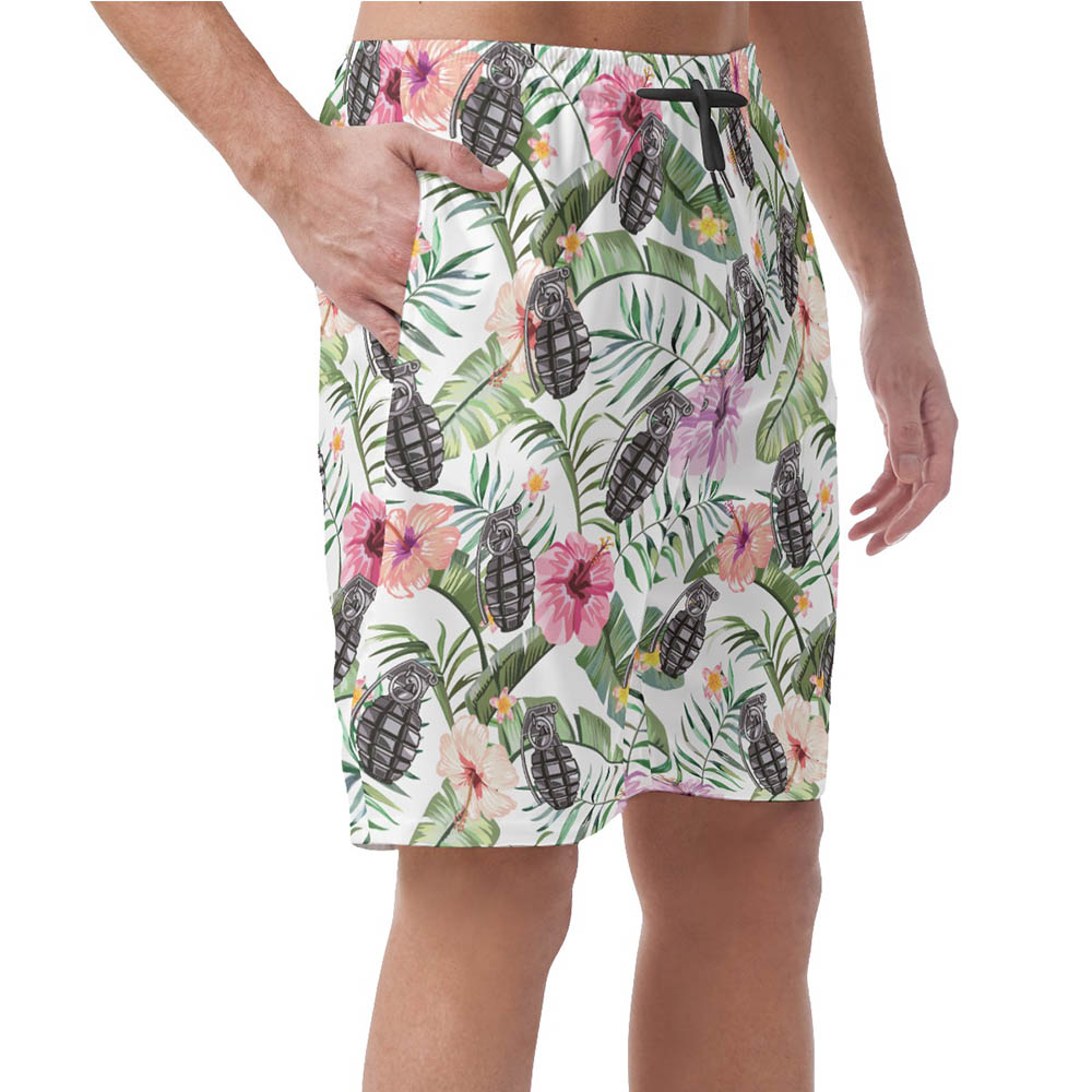 Tropical Hibiscus Grenade Tactical Hawaiian Summer Shorts For Men