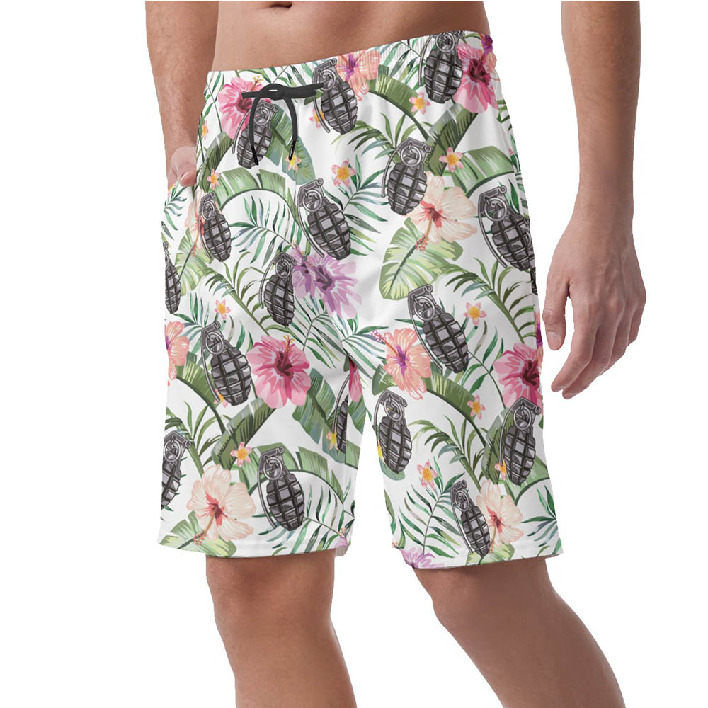 Tropical Hibiscus Grenade Tactical Hawaiian Summer Shorts For Men