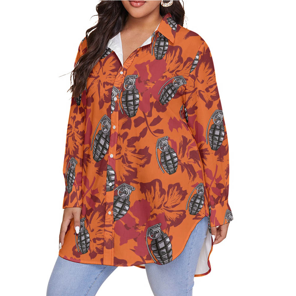Floral Tactical Grenade Orange Hawaiian Blouse Shirt For Women