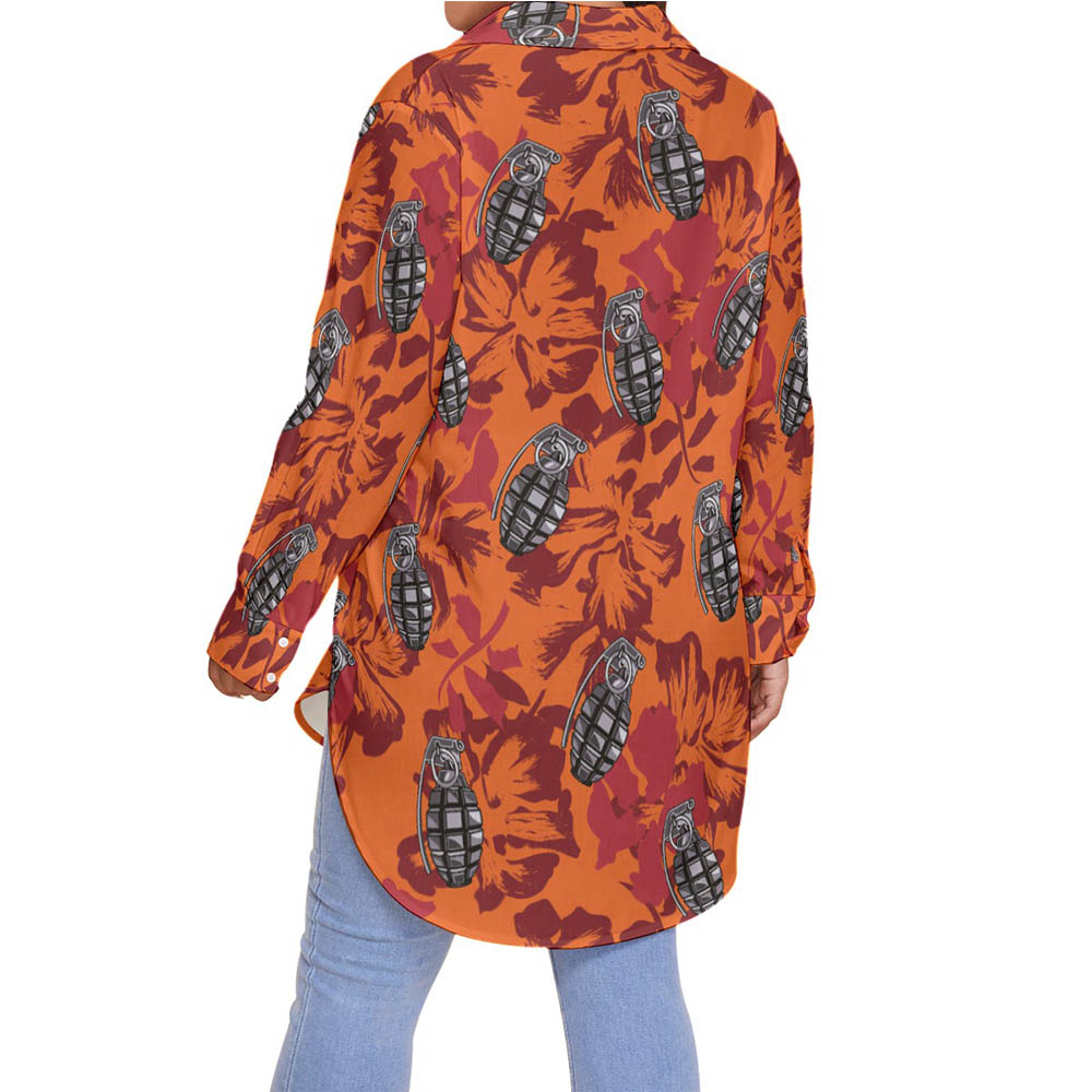 Floral Tactical Grenade Orange Hawaiian Blouse Shirt For Women