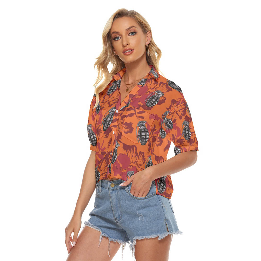 Hibiscus Tactical Grenade Vintage Hawaiian Crop Top Shirt For Women