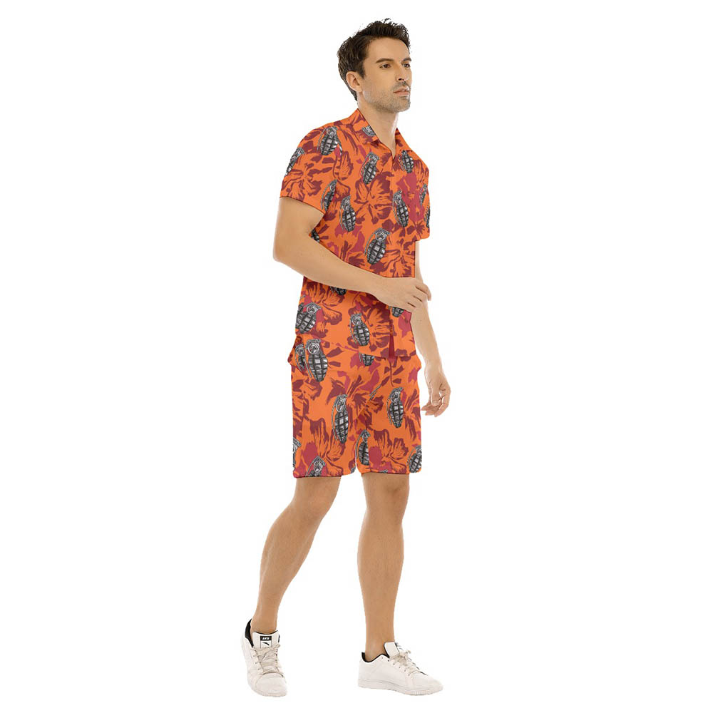 Set Tactical Grenade Hibiscus Vintage Hawaiian Shirt And Shorts For Men