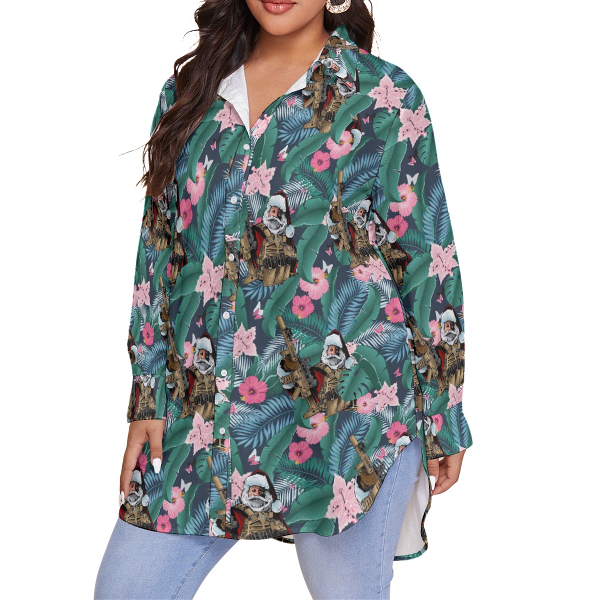Cool Tactical Santa Claus Hawaiian Plus Size Shirt For Women