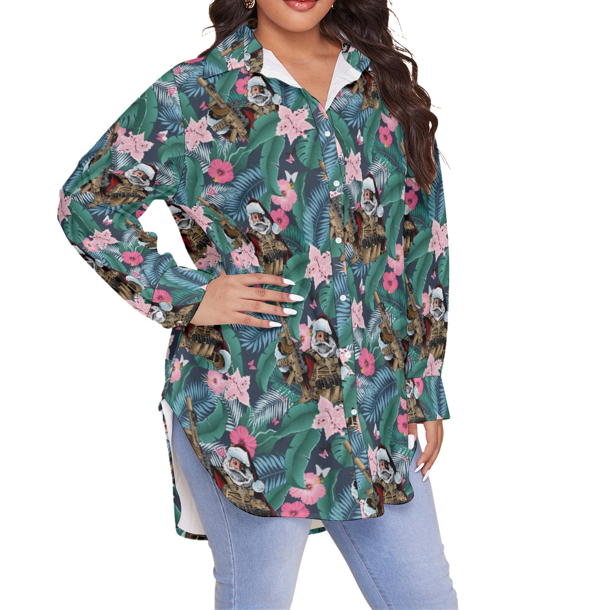 Cool Tactical Santa Claus Hawaiian Plus Size Shirt For Women