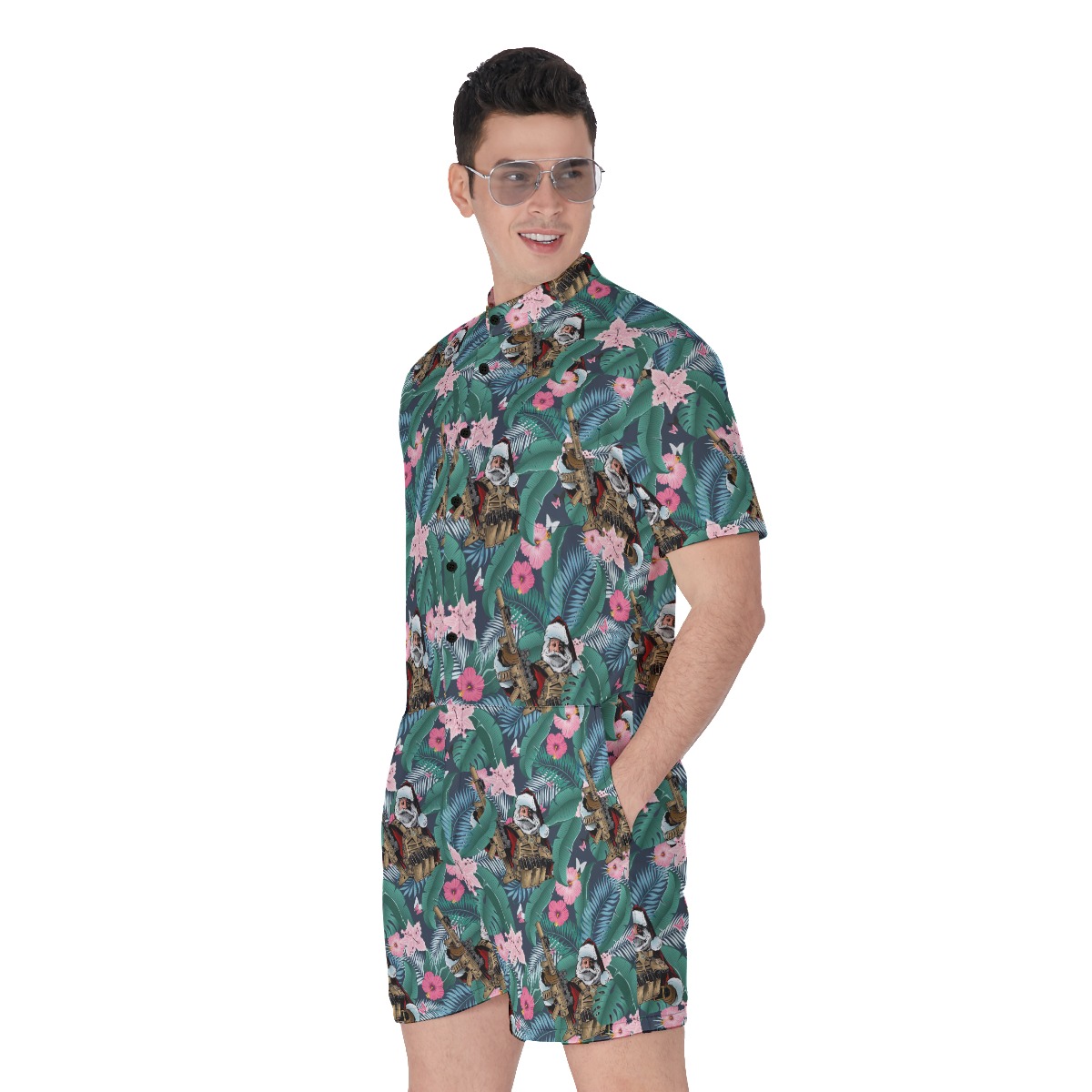 Cool Tactical Gun Santa Tropical Hawaiian Romper For Men