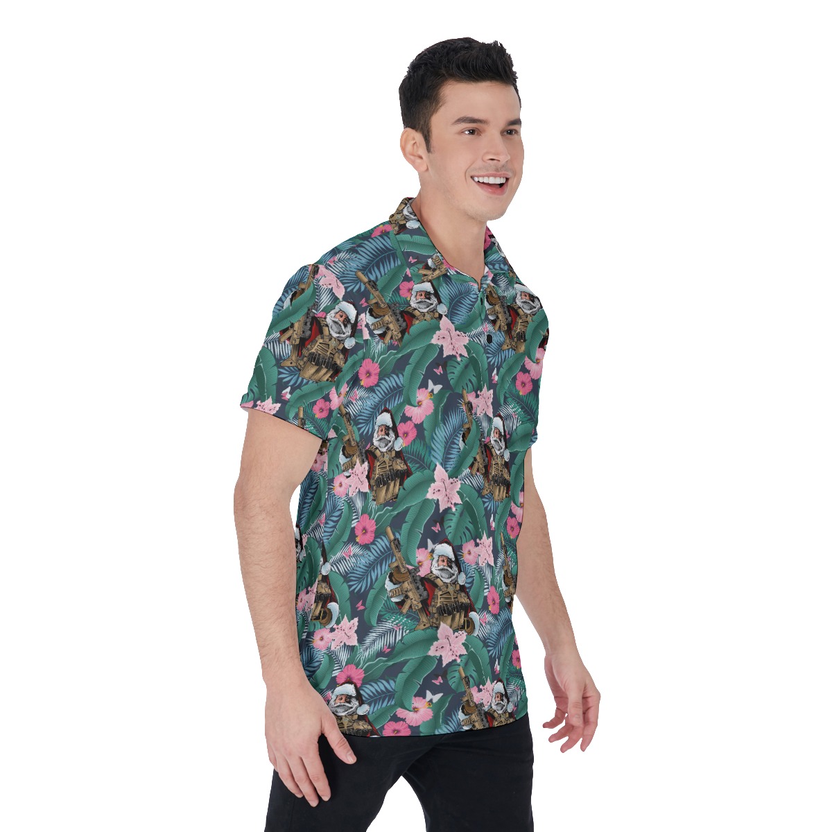 Tropical Santa Claus Tactical Gun Hawaiian Polo Shirt