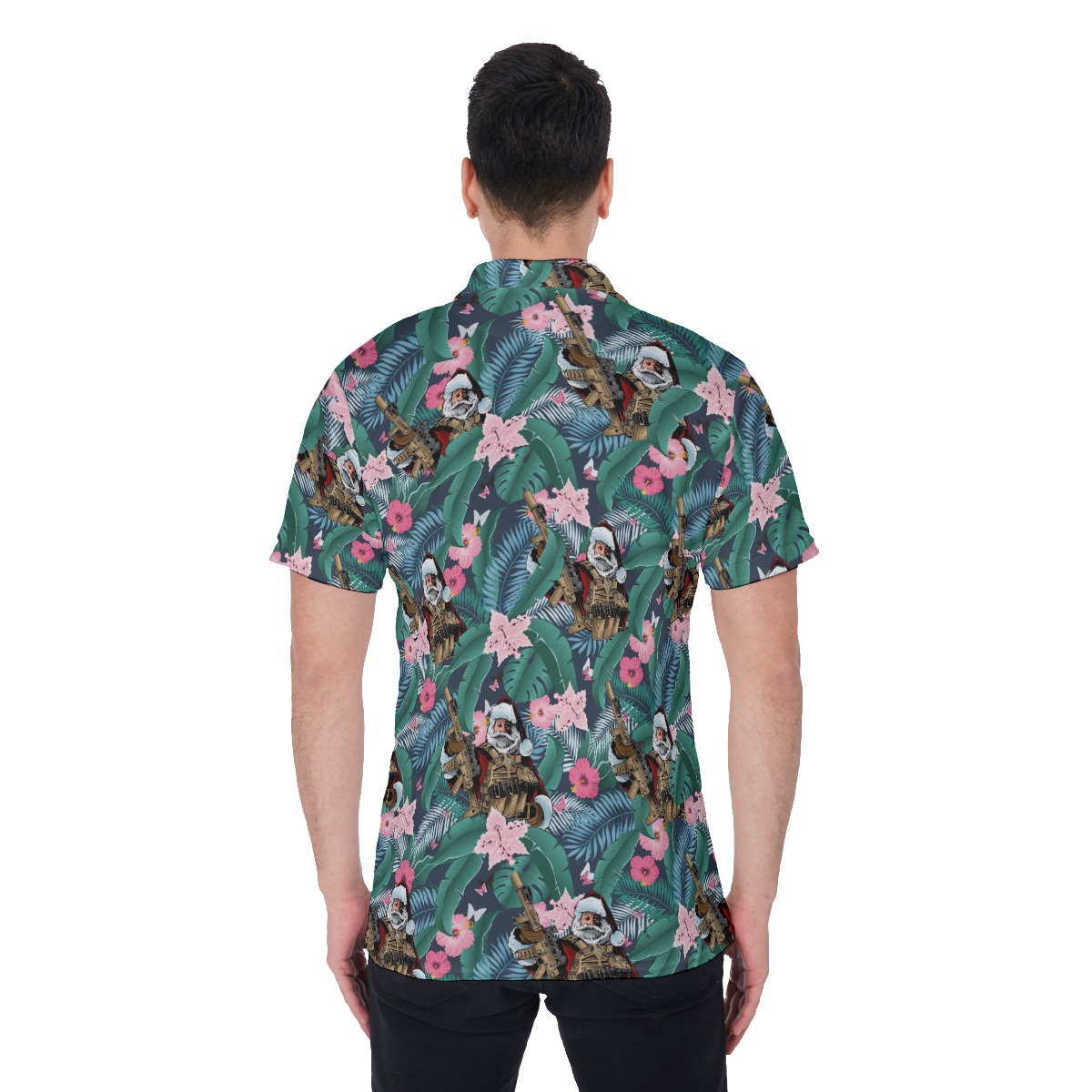 Tropical Santa Claus Tactical Gun Hawaiian Polo Shirt