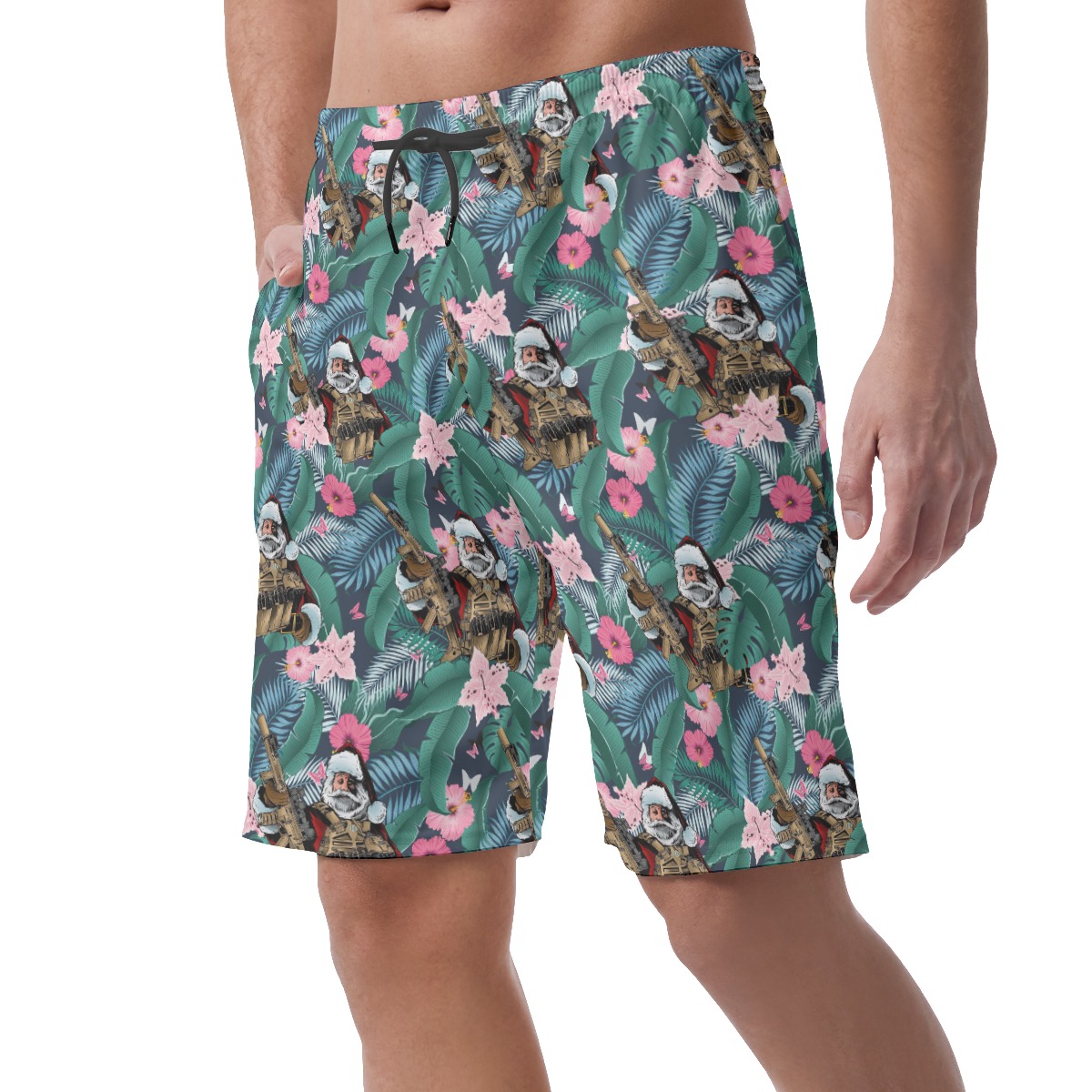 Funny Tactical Santa Gun Tropical Hawaiian Beach Shorts For Men