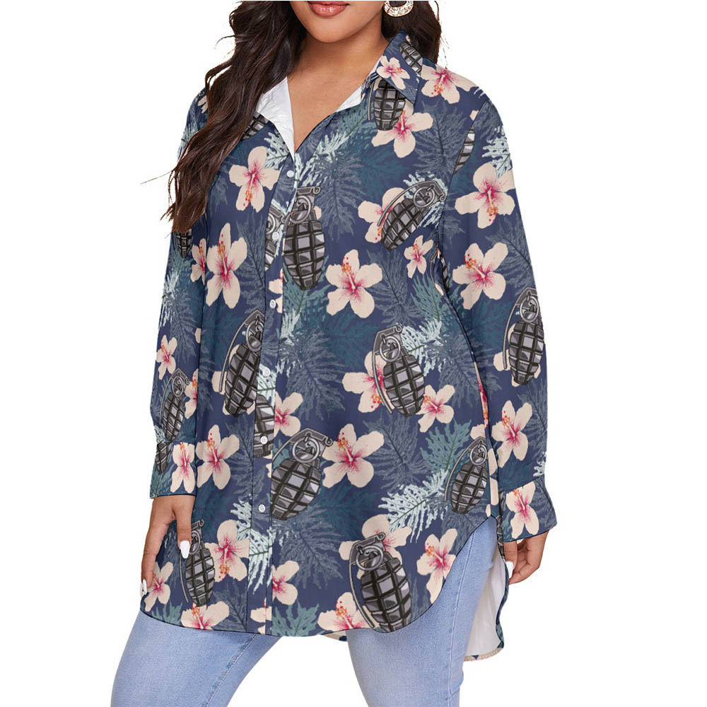 Hibiscus Tactical Grenade Hawaiian Plus Size Shirt For Women