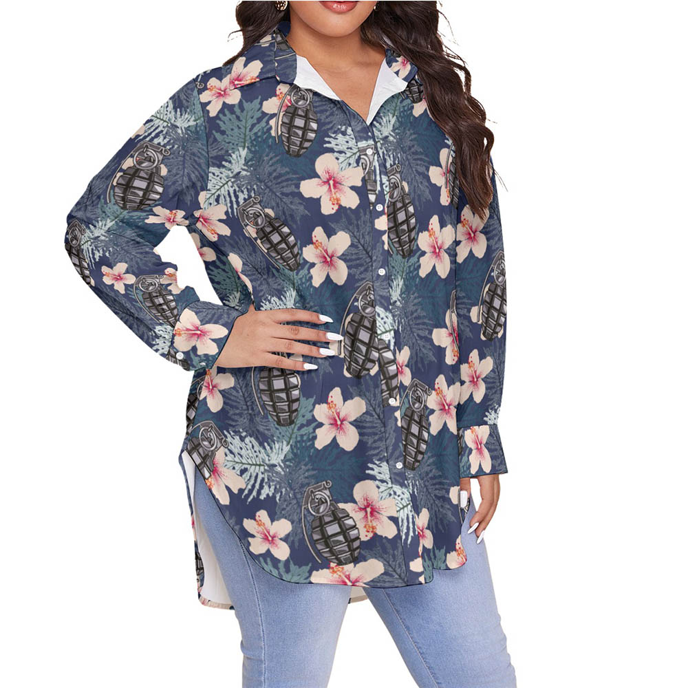 Hibiscus Tactical Grenade Hawaiian Plus Size Shirt For Women