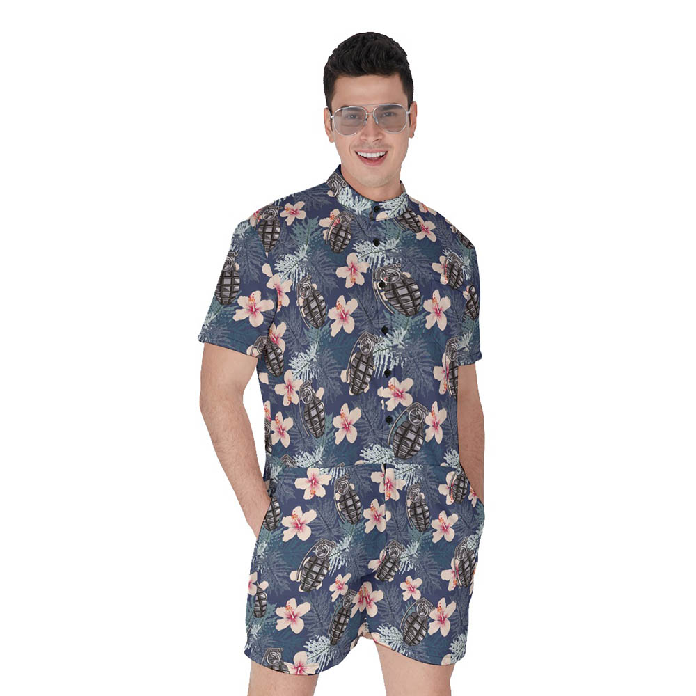 Cool Tactical Grenade Floral Hawaiian Romper For Men - variant image 1