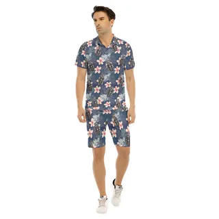 Set Tactical Grenade Hibiscus Hawaiian Shirt And Matching Shorts For Men