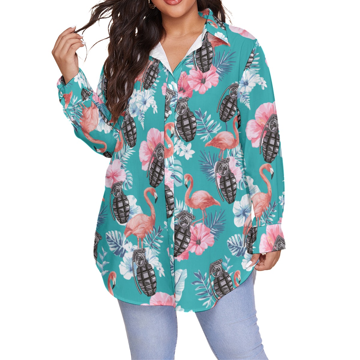 Tactical Grenade Hibiscus Flamingo Blue Hawaiian Plus Size Shirt For Women - variant image 1