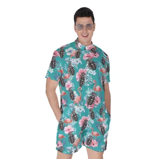 Floral Flamingo Tactical Grenade Blue Hawaiian Romper For Men