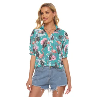 Cool Tactical Grenade Tropical Flamingo Hawaiian Cropped Shirt For Women