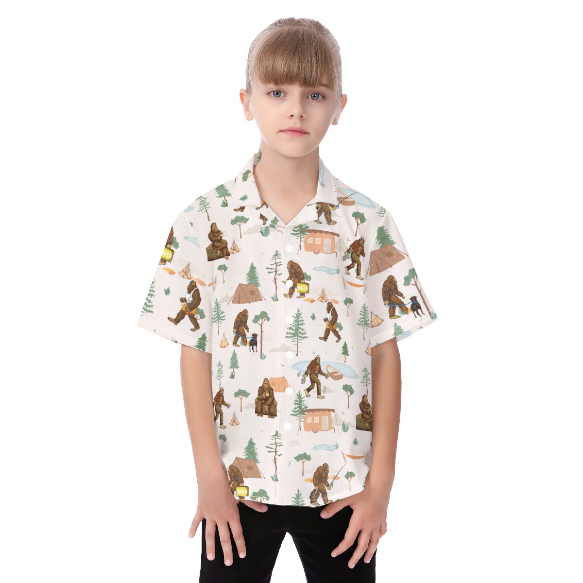 Funny Bigfoot Camping Button Up Shirt For Kids - variant image 1