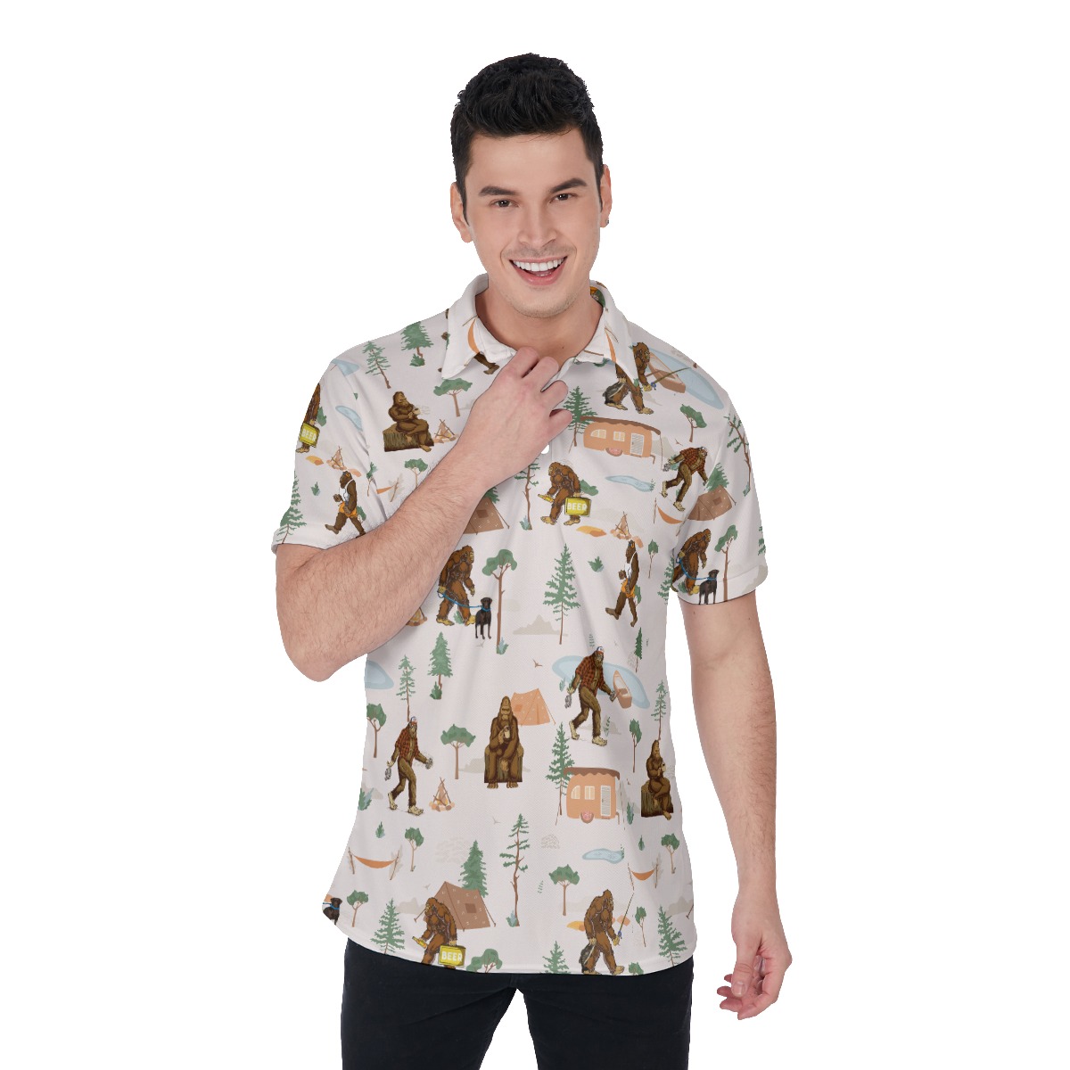 Bigfoot Camping Hawaiian Polo Shirt For Men - variant image 1