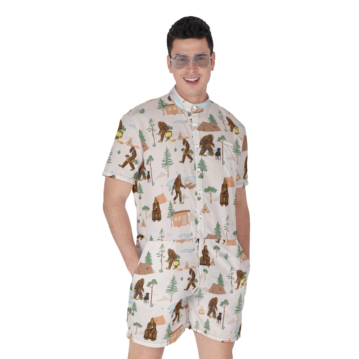 Funny Sasquatch Camping Hawaiian Romper For Men - variant image 1