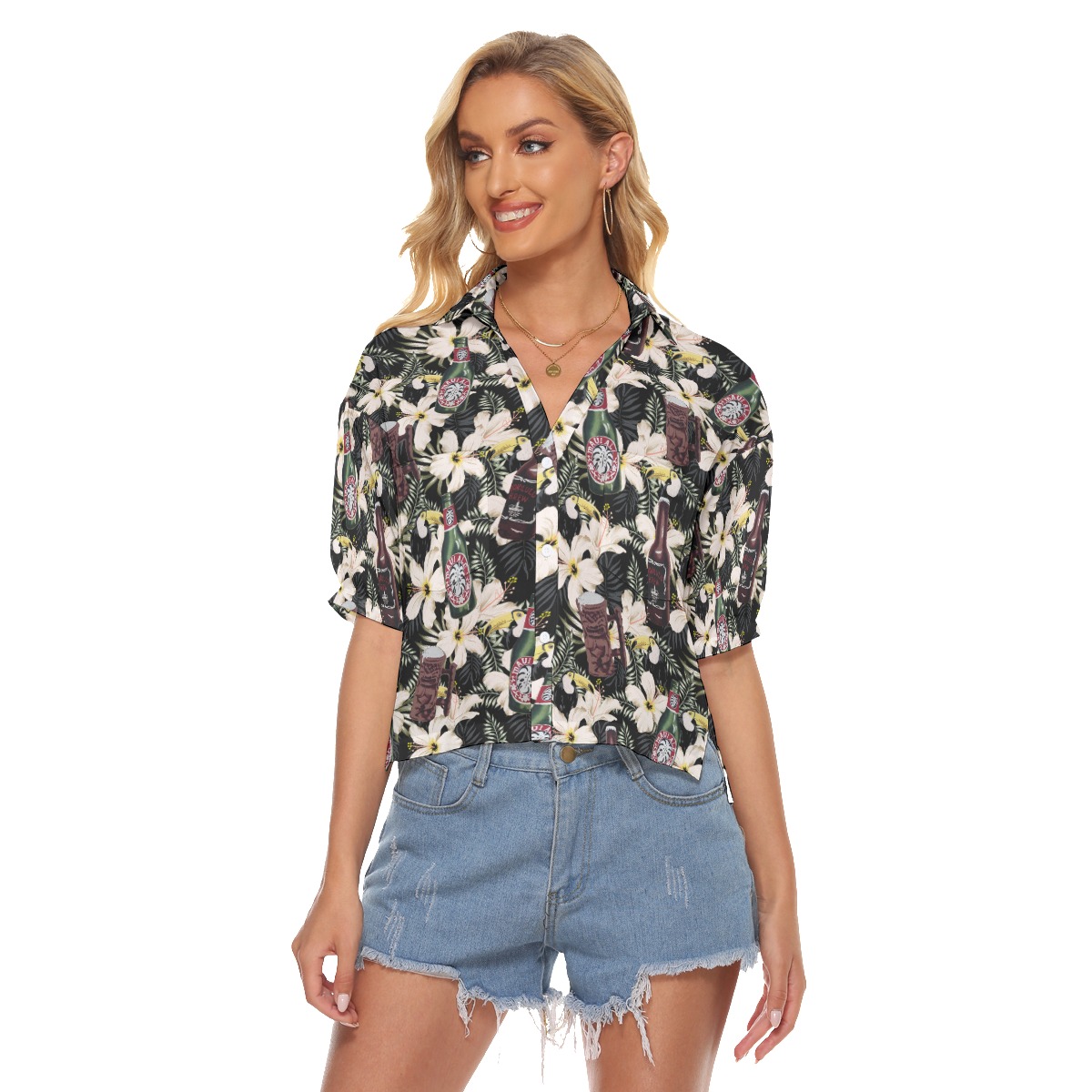 Hibiscus Toucan Beer Hawaiian Crop Top Shirt - variant image 1