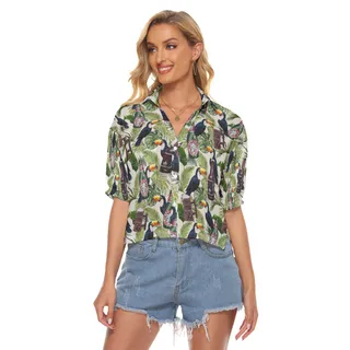 Tropical Beer Toucan Vintage Hawaiian Cropped Shirt For Women