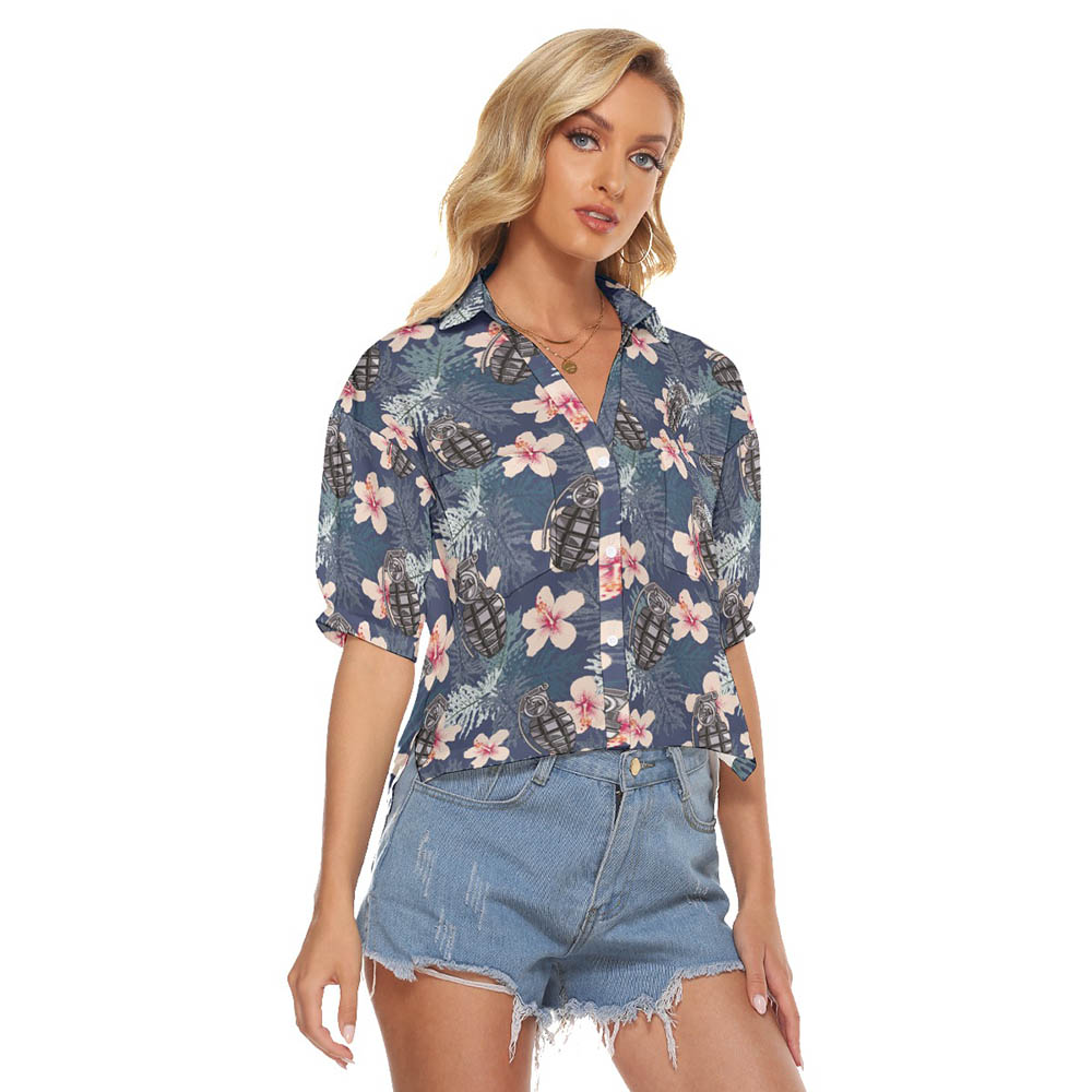 Hibiscus Tactical Grenade Hawaiian Crop Top Shirt For Women