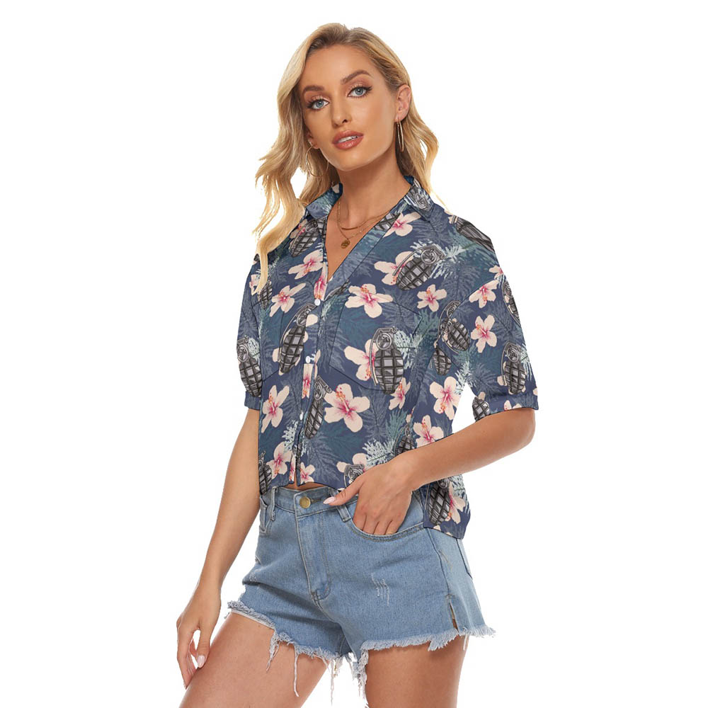 Hibiscus Tactical Grenade Hawaiian Crop Top Shirt For Women